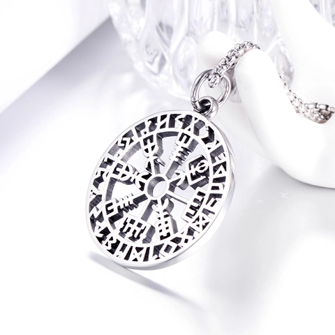 Colgante de Brújula de Acero Inoxidable para Hombre Retro Vikingo Nórdico Vegvisir Runa Punk Hueco Redondo Joyería