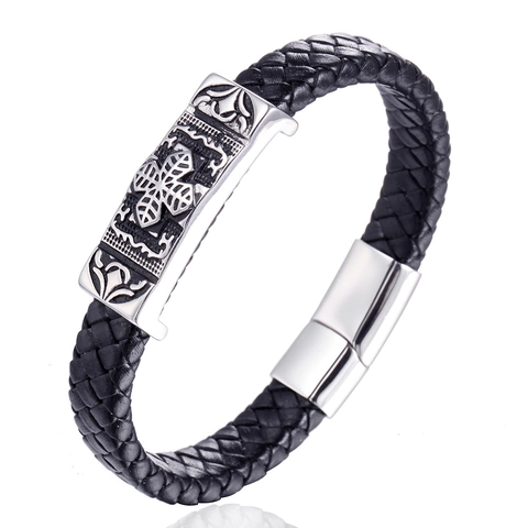 Bracciale Retro in Pelle Intrecciata Acciaio Inossidabile per Uomo Donna Croce Floreale Rilievo Chiusura Magnetica Gioielli