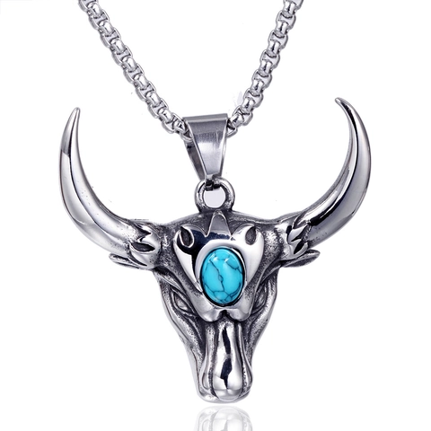 Collar con Colgante de Cabeza de Toro de Acero Inoxidable 316 Vintage Western Con Turquesa Artificial Joyería Punk Rock Hombre