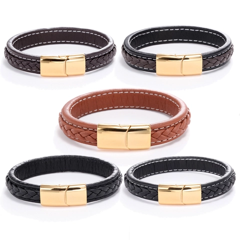 Pulsera de Cuero Trenzado de Moda para Hombre Con Cierre Magnético de Acero de Titanio Tejida de Capas Punk Retro Joyería Unisex