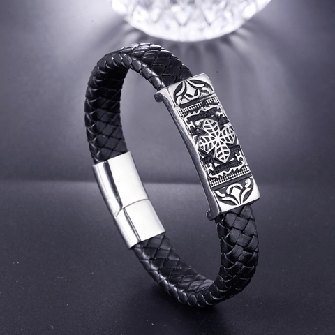 Bracciale Retro in Pelle Intrecciata Acciaio Inossidabile per Uomo Donna Croce Floreale Rilievo Chiusura Magnetica Gioielli