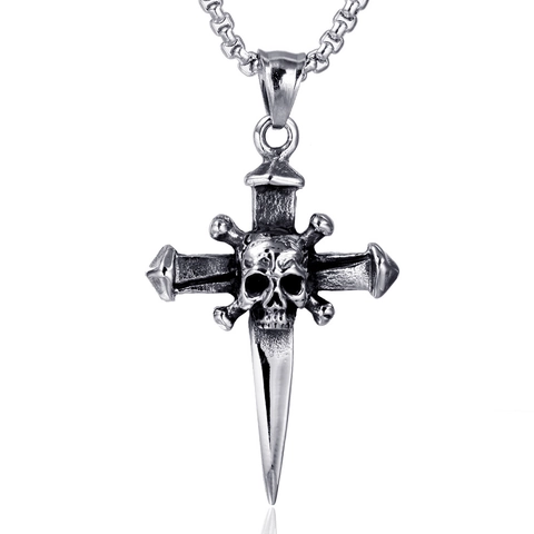 Collana con Pendente a Forma di Teschio Croce e Pugnale in Acciaio Inossidabile 316 Gioielli Gotici Punk Retrò per Uomo e Donna