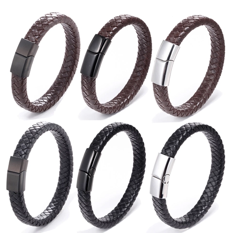 Fashion Men Woven Leather Bracelet With Stainless Steel Magnetic Clasp Minimalist Geometric Wristband Punk Jewelry Gift