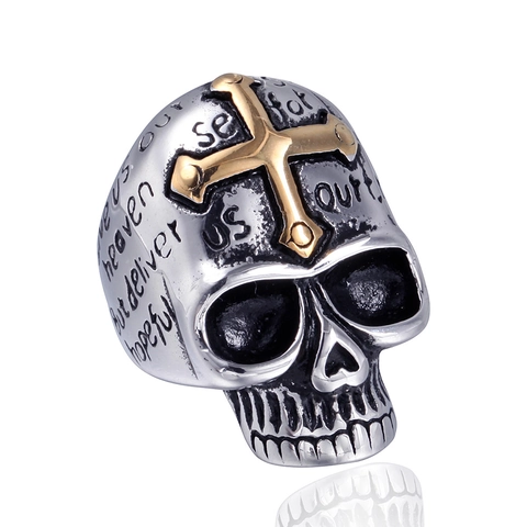 Anillo de Acero de Titanio Retro Calavera Cruz para Hombres Joyas Biker Gótico Punk Bully Vintage Anillo Religioso Grabado