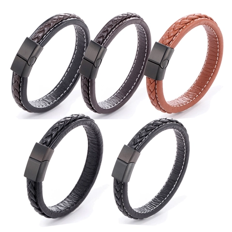 Minimalist Men Women Braided Leather Stainless Steel Magnetic Bracelet Business Casual Woven Hand Wrap Wristband Fashion Jewelry