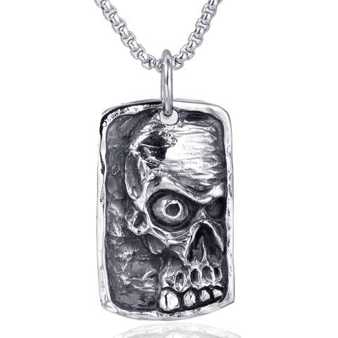 Ciondolo Rettangolare in Acciaio Inossidabile con Teschio a Rilievo per Uomo Punk Gotico Vintage Argento Antico Solo Ciondolo