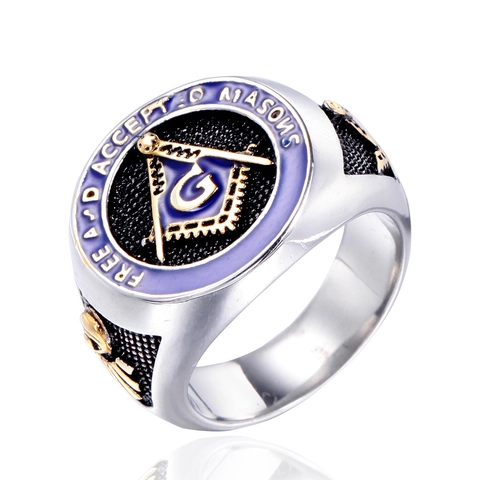 Anillo de Masonería para Hombre de Acero Inoxidable Punk Retro Esmalte Azul Símbolo G Escuadra y Compás Joyería Religiosa