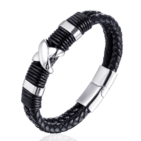 Herren Mode Geflochtenes Lederarmband Edelstahl Geometrische X Kreuz Magnetverschluss Lässiges Armband Schmuck Geschenk