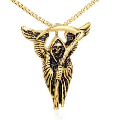 Gothic Vintage Stainless Steel Winged Grim Reaper Scythe Pendant Necklace For Men Women Punk Hip Hop Jewelry Gift