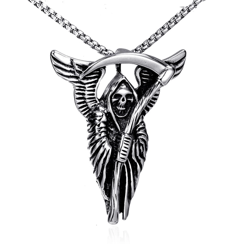 Gothic Vintage Stainless Steel Winged Grim Reaper Scythe Pendant Necklace For Men Women Punk Hip Hop Jewelry Gift