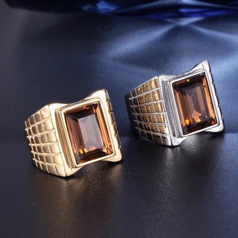 Men's Stainless Steel Bold Ring Vintage Rectangular Brown Rhinestone Gemstone Grid Pattern Gold Silver Signet Band Ring