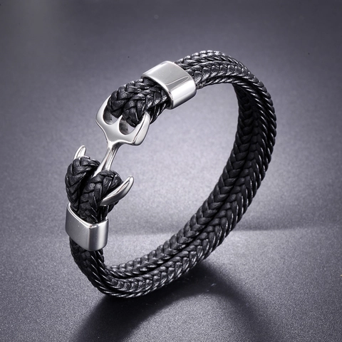 Pulsera de Ancla de Cuero Náutica Vintage para Hombre Acero Inoxidable Tejida Pulsera Wrap Estilo Punk Joyería Regalo