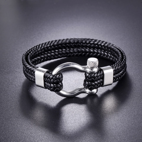 Bracciale in Acciaio Inossidabile e Pelle Intrecciata da Uomo Con Chiusura a Ferro di Cavallo Stile Nautico Punk Gioielli