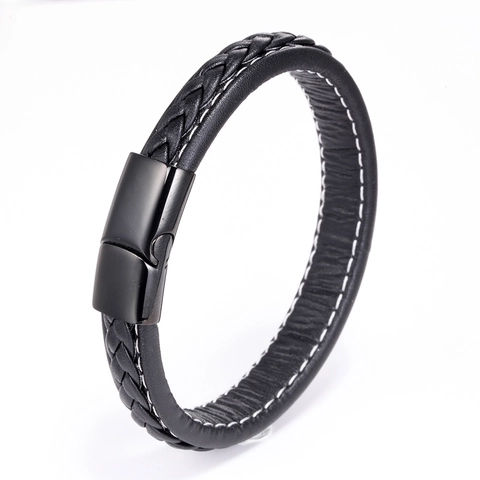 Pulsera de Cuero Trenzado de Moda para Hombre Con Cierre Magnético de Acero de Titanio Cordón Multicapa Costuras Joyería Casual