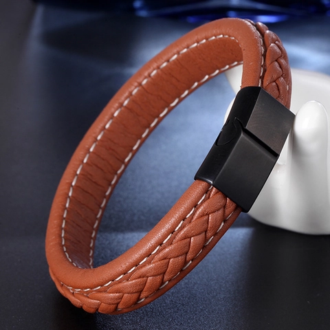 Vintage Herren Gewebtes Lederarmband Edelstahl Magnetverschluss Punk Zweilagig Geflochtener Handschmuck Mode Geschenk