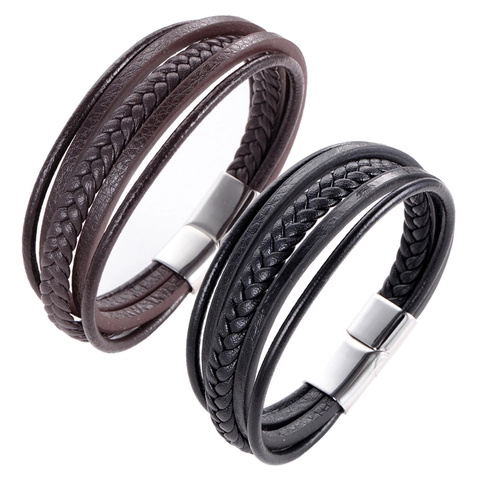 Bracciale da Uomo Multistrato in Pelle Intrecciata Con Chiusura Magnetica in Acciaio Inossidabile Gioielli in Acciaio al Titanio