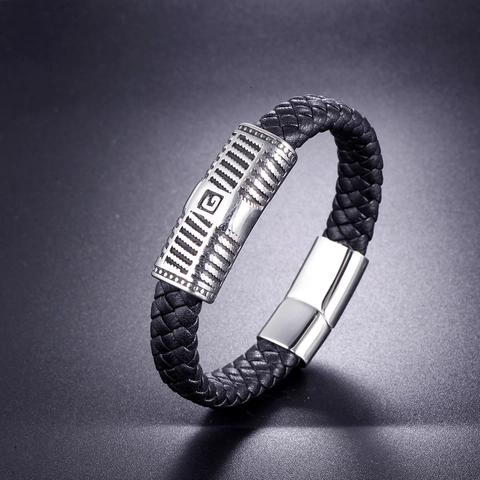 Pulsera de Hombre de Acero de Titanio Masónica Cuerda de Cuero Trenzada Masonería Logo G Cierre Magnético Joyería Punk