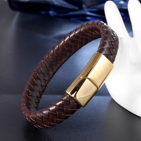 Fashion Men Woven Leather Bracelet With Stainless Steel Magnetic Clasp Minimalist Geometric Wristband Punk Jewelry Gift