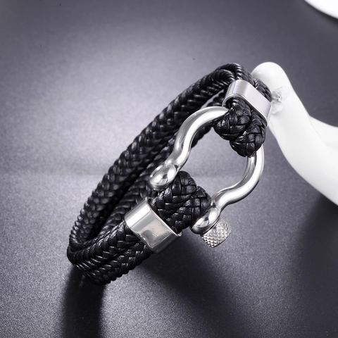 Men's Braided Leather Bracelet Stainless Steel Shackle Buckle Multi-layer Cowhide Nautical Punk Jewelry Bangle