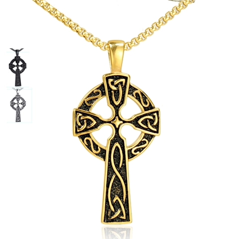 Collar de Colgante de Cruz Celta de Acero Inoxidable Vintage para Hombres Mujeres Nudo Textura Trenzada Joyería Religiosa Acero Oro Negro