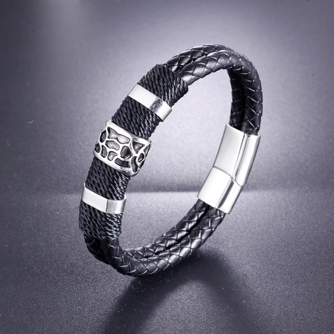 Pulsera de Cuero Trenzado para Hombre Con Cierre Magnético de Acero de Titanio Patrón Geométrico Hueco Joyería de Moda Punk