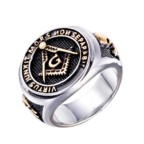 Anillo de Sello para Hombre de Acero Inoxidable 316L Vintage Masonería Símbolo G Compás y Escuadra Inscripción Latina Joyería Punk
