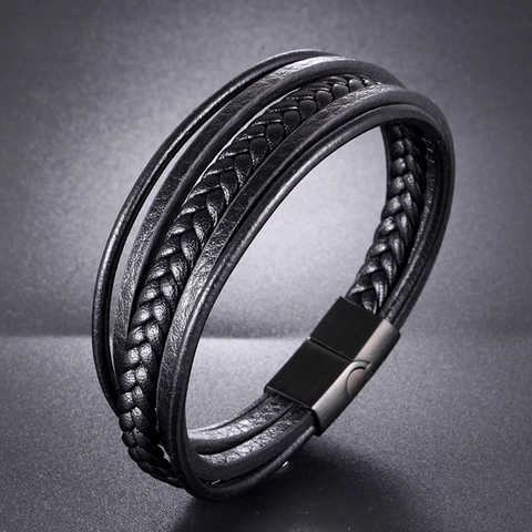 Herren Mehrlagiges Geflochtenes Kunstleder Armband Mit Edelstahl Magnetverschluss Punk Rock Lässiges Handgelenkband Schmuck Geschenk