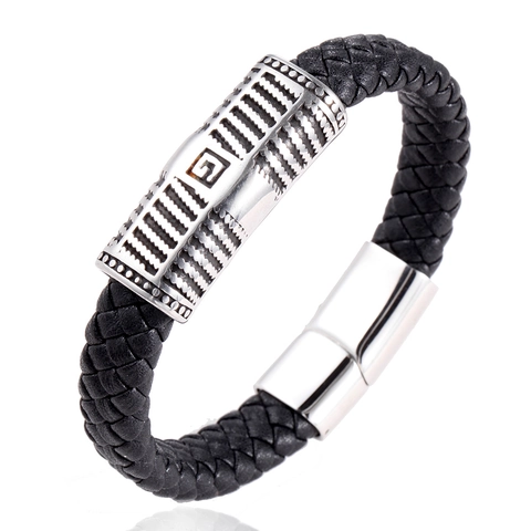 Pulsera de Hombre de Acero de Titanio Masónica Cuerda de Cuero Trenzada Masonería Logo G Cierre Magnético Joyería Punk