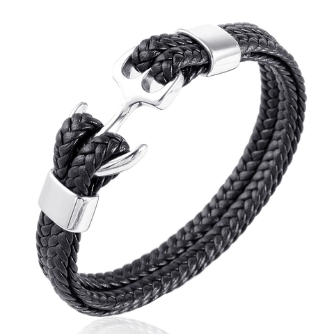 Men's Vintage Braided Leather Bracelet With Titanium Steel Anchor Clasp Multi-layer Nautical Punk Style Fashion Jewelry Gift