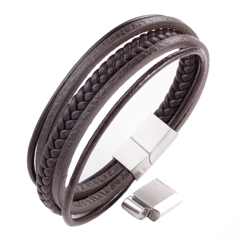 Men Genuine Leather Braided Bracelet Magnetic Alloy Clasp Multi-Layer Casual Vintage Wristband Jewelry For Daily Wear