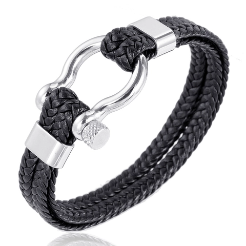 Bracciale in Acciaio Inossidabile e Pelle Intrecciata da Uomo Con Chiusura a Ferro di Cavallo Stile Nautico Punk Gioielli