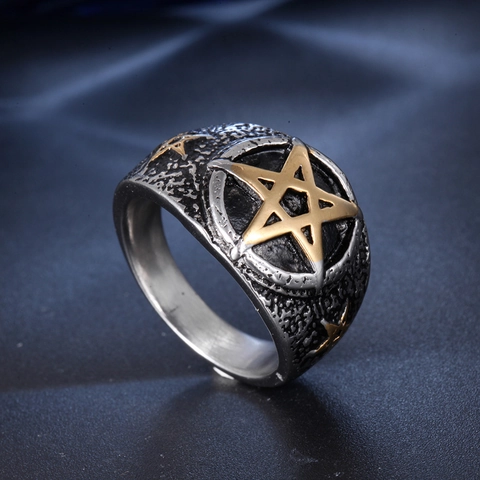 Vintage Punk Pentagram Ring Voor Mannen Vrouwen Titanium Staal Tweekleurig Goud Zilver Retro Rock Biker Sieraden Band Ring Cadeau