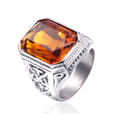 Vintage Titanium Steel Ring For Men Large Rectangular Emerald Cut Rhinestone Engraved Floral Pattern Oxidized Antique Jewelry