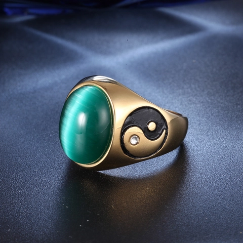 Anillo de Acero Inoxidable Vintage Yin Yang Tai Chi para Hombre Mujer Chapado en Oro Con Piedra Ojo de Gato Verde