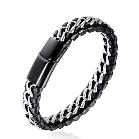 Men's Stainless Steel Braided Leather Bracelet With Magnetic Buckle Punk Industrial Style Hand Jewelry Fashion Accessory