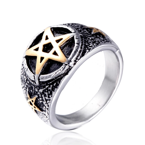 Vintage Punk Pentagram Ring Voor Mannen Vrouwen Titanium Staal Tweekleurig Goud Zilver Retro Rock Biker Sieraden Band Ring Cadeau