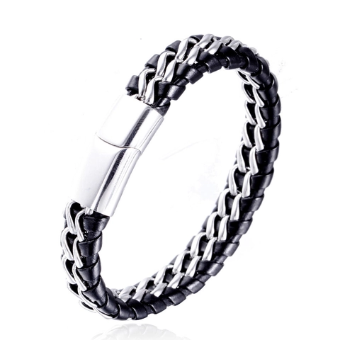Men's Stainless Steel Braided Leather Bracelet With Magnetic Buckle Punk Industrial Style Hand Jewelry Fashion Accessory