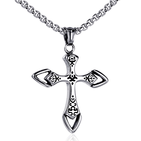 Pendentif Croix Homme en Acier Titane Vintage Motif Relief Gothique Bijoux Totem Tribal Couleur Acier Pendentif Seul