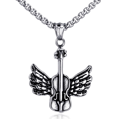 Vintage Titanium Steel Angel Wings Violin Pendant Only Without Chain Retro Musical Instrument Jewelry Gift For Men Women