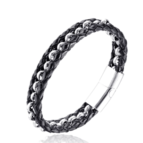 Bracciale da Uomo in Pelle Intrecciata Stile Punk Rock Lega di Acciaio Inossidabile Chiusura Magnetica Catena a Mano Regalo