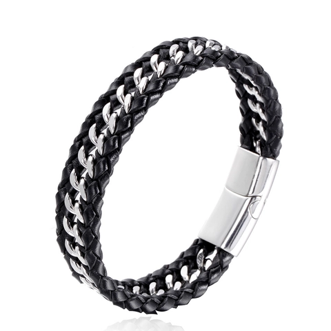 Bracciale da Uomo alla Moda in Pelle Artificiale Intrecciata Con Chiusura Magnetica in Acciaio Inossidabile Gioielli da Polso