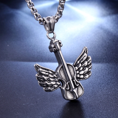 Vintage Titanium Steel Angel Wings Violin Pendant Only Without Chain Retro Musical Instrument Jewelry Gift For Men Women