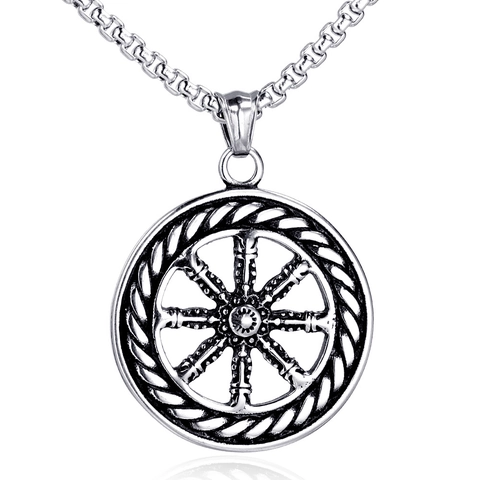 Colgante Brújula Rueda del Dharma de Acero Inoxidable Vintage para Hombre Mujer Plata Retro Timón Náutico Joyería