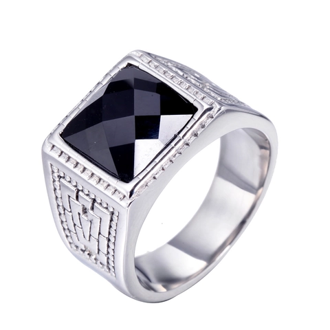 Vintage Men's Stainless Steel Signet Ring Square Cut Blue Black Red Rhinestone Inlaid Geometric Band Gothic Jewelry Gift