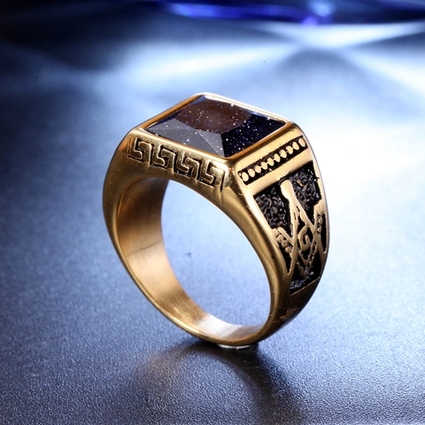Herren Vintage Freimaurer Ring Blauer Sandstein Titanstahl Gold Silber Gothik Punk Freimaurer Siegelring Schmuck Für Party