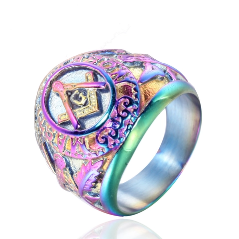 Vintage Masonic Symbol Signet Ring For Men Stainless Steel Polished Square And Compasses Relief Freemason Electroplated Punk Ring Jewelry