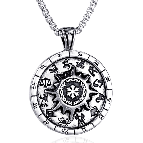 Colgante de Brújula del Zodiaco de Acero Inoxidable 316 Vintage para Hombre Plata Antigua Astrológico Sol Moneda Redonda Sin Cadena