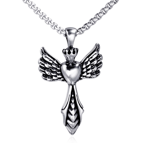 Collana con Ciondolo Ala d'Angelo Cuore Corona Gotico Retrò Acciaio Inossidabile Gioielli Punk Croce Spada Uomo Donna Senza Catena