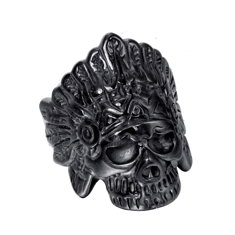 Anillo de Calavera de Jefe Indio Retro de Acero Inoxidable para Hombre Punk Gótico Esqueleto Pluma Joyería Biker Plata Oro Negro