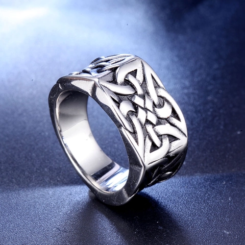 Anillo Vikingo Vintage Nudo Celta de Acero Inoxidable para Hombre Punk Nórdico Patrón Tejido Anillo de Banda Joyería Plata Antigua